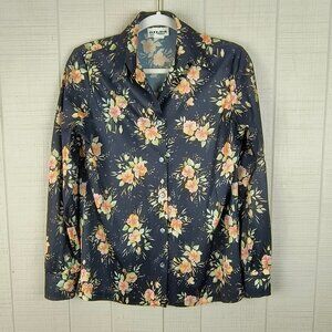 VIntage 70s Gilda of California Blouse Shirt Point Collar Black Floral